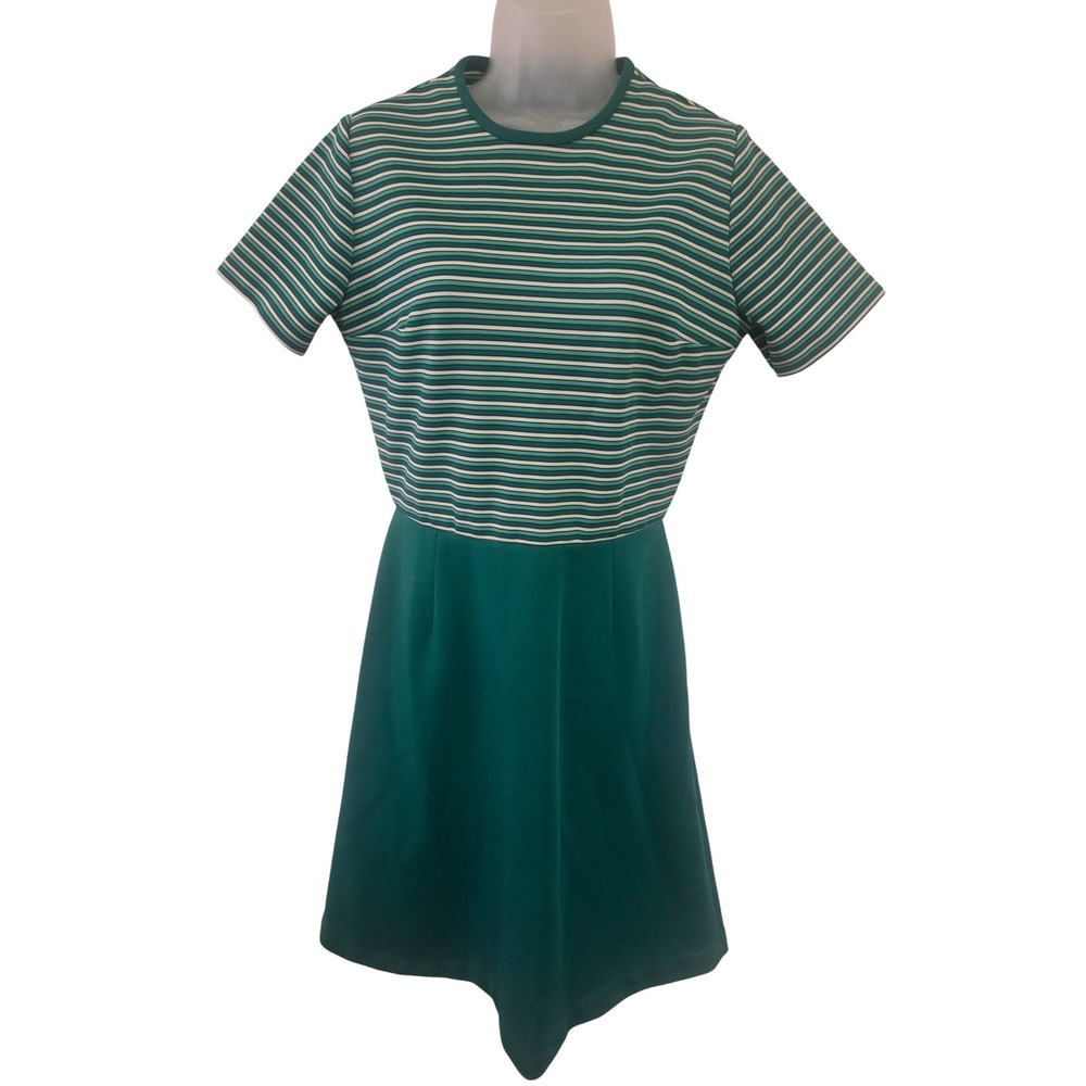 Vintage 70s Green Striped Short Sleeve Mini Dress Mod A-Line Retro Knit